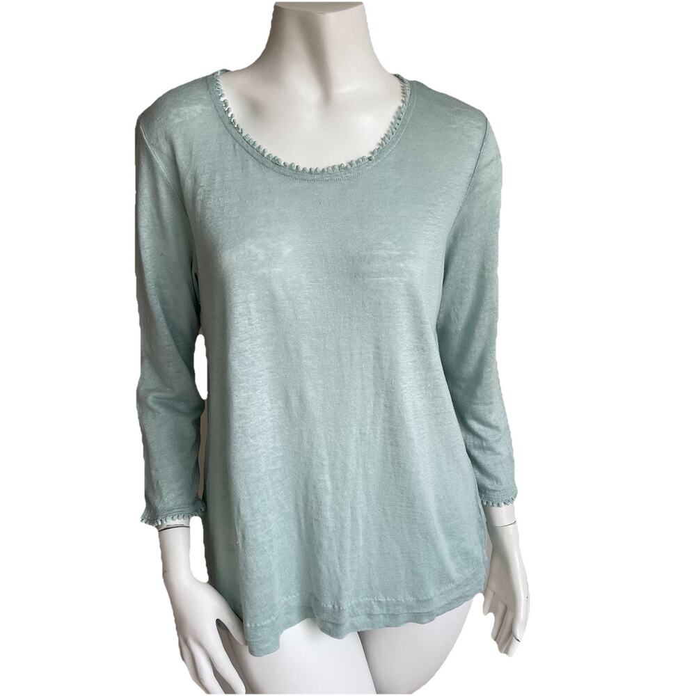 J Jill Love Linen Knit Top Women Sz Medium Mint Green Pom Pom Trim 3/4 Sleeve